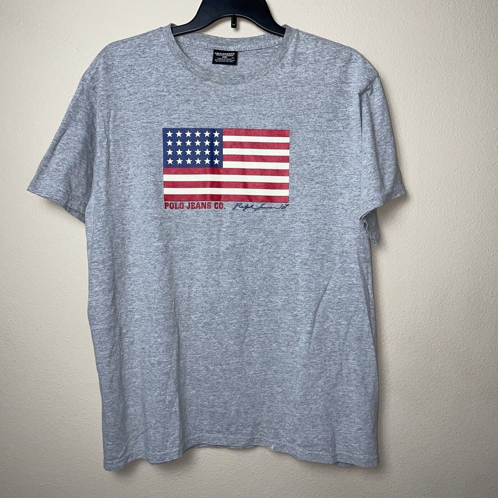 Polo Jeans CO Ralph Lauren Shirt Mens XL Vintage Gray Tee Large Flag 67 Graphic